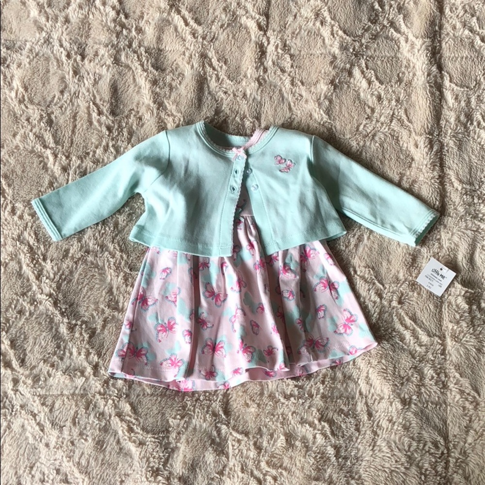 Butterfly print Little Me dress and cardigan